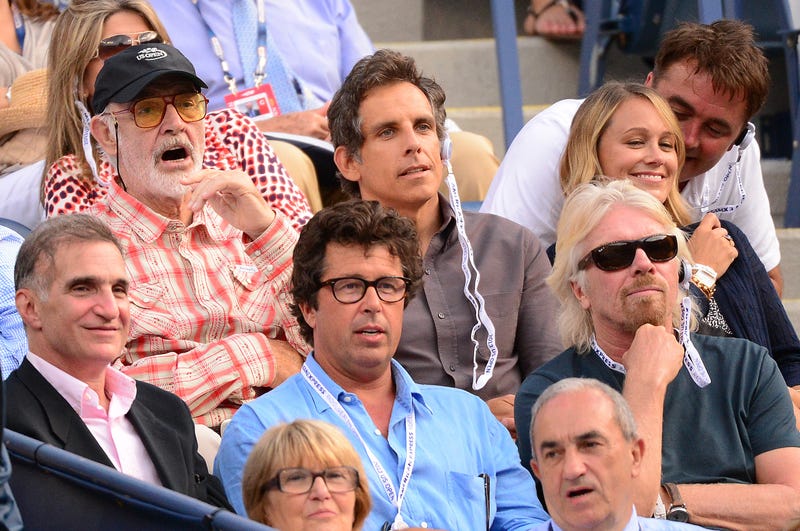 Sean Connery (L) and Ben Stiller (C) and businessman Richard Branson (bottom R) watch French tennis player Richard Gasquet play a point against Spain's Rafael Nadal during their 2013 US Open men's semifinals match at the USTA Billie Jean King National Tennis Center in New York on September 7, 2013.