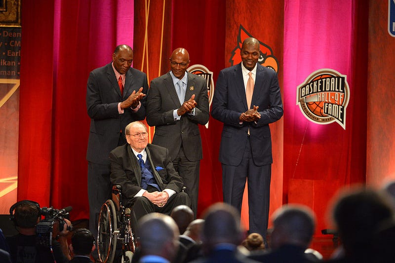 Inductee Guy Lewis with Elvin Hayes, Clyde Drexler, and Hakeem Olajuwon during the 2013 Basketball Hall of Fame Enshrinement Ceremony on September 8, 2013 at the Mass Mutual Center in Springfield, Massachusetts.
