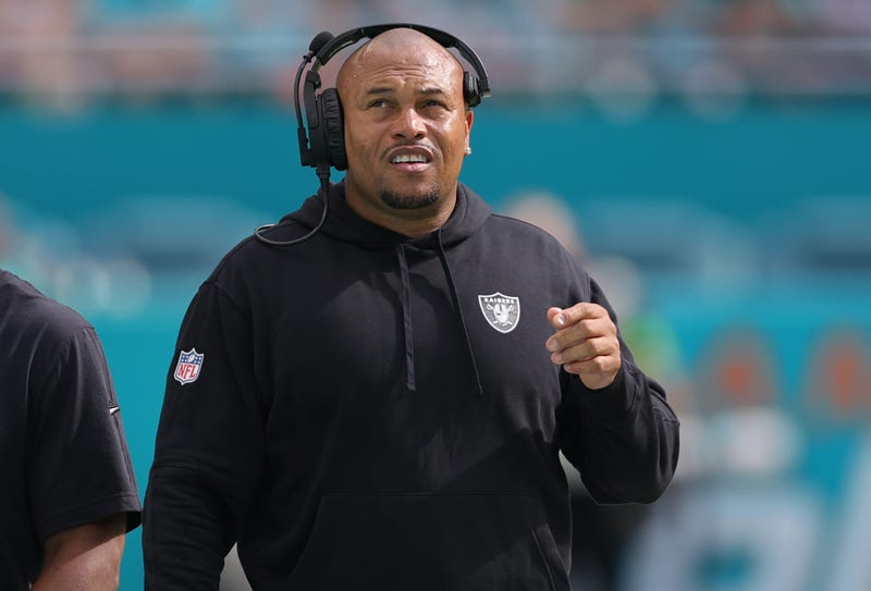 Head coach Antonio Pierce of the Las Vegas Raiders looks on in the game against the Miami Dolphins during the first half at Hard Rock Stadium on November 19, 2023