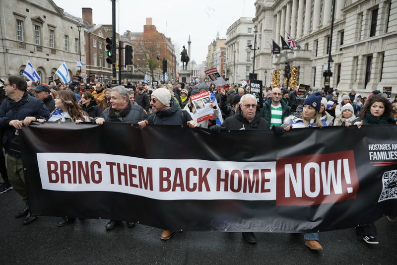 Protestors march against anti-Semitism on November 26, 2023 in London, England. 