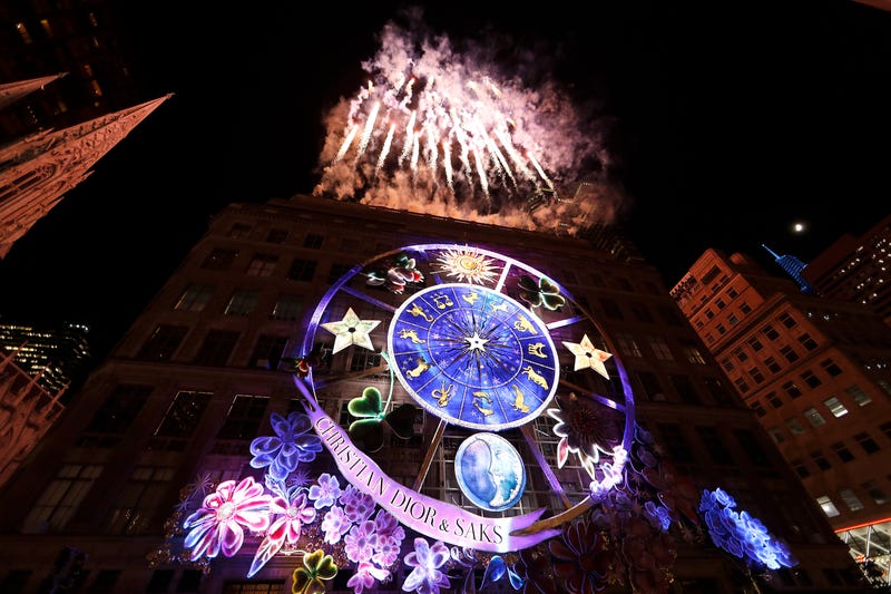 Fireworks explode as Saks Fifth Avenue unveils its 2023 holiday windows on November 20, 2023 in New York City.