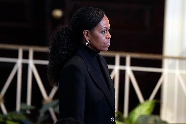 Former first lady Michelle Obama arrives for a memorial service for former first lady Rosalynn Carter at Glenn Memorial United Methodist Church at Emory University on November 28, 2023 in Atlanta, Georgia.