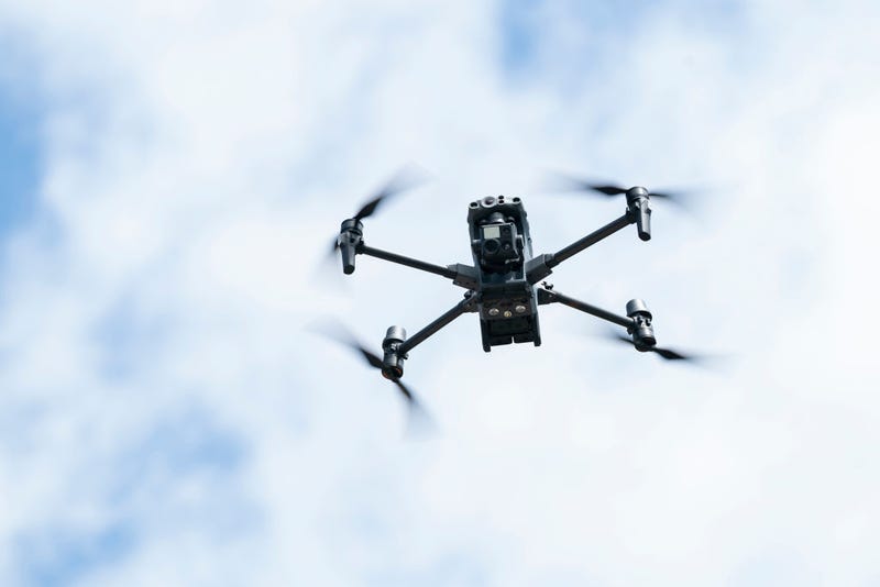 An NYPD drone flying during a press conference on permitting drone operations in NYC on Pier 35 in lower Manhattan on July, 21, 2023.