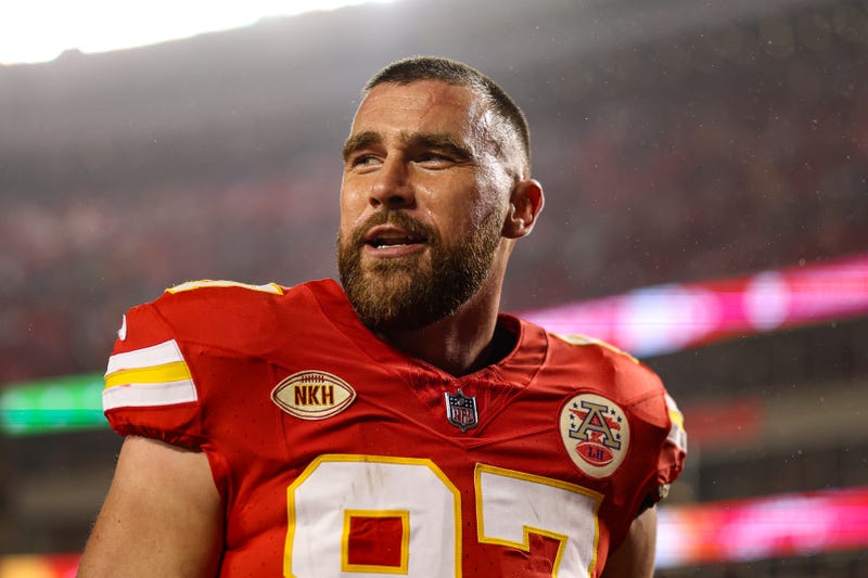 Travis Kelce of the Kansas City Chiefs warms up prior to an NFL football game against the Philadelphia Eagles at GEHA Field at Arrowhead Stadium on Nov. 20, 2023, in Kansas City, Mo.