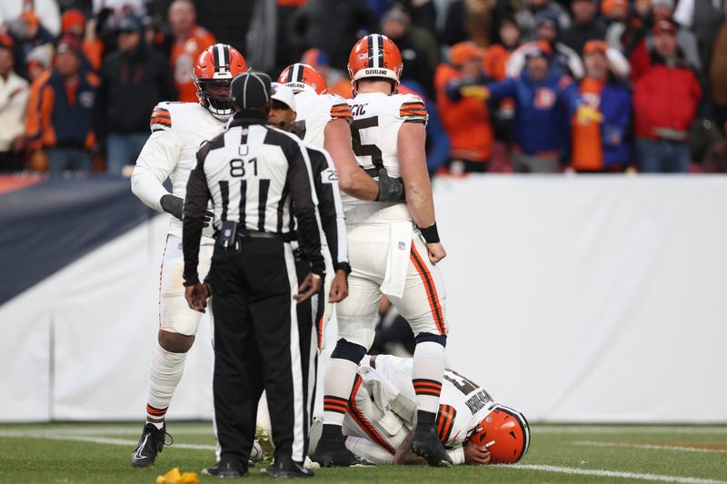 Dorian Thompson-Robinson #17 of the Cleveland Browns is injured on a play in the third quarter of the game against the Denver Broncos at Empower Field At Mile High on November 26, 2023 in Denver, Colorado.