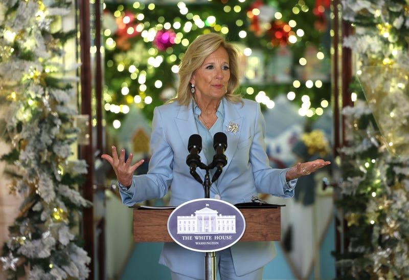 First lady Jill Biden speaks about the holiday season and unveils the White House holiday decor while thanking volunteers who helped set it up, at the White House on November 27, 2023 in Washington, DC. 