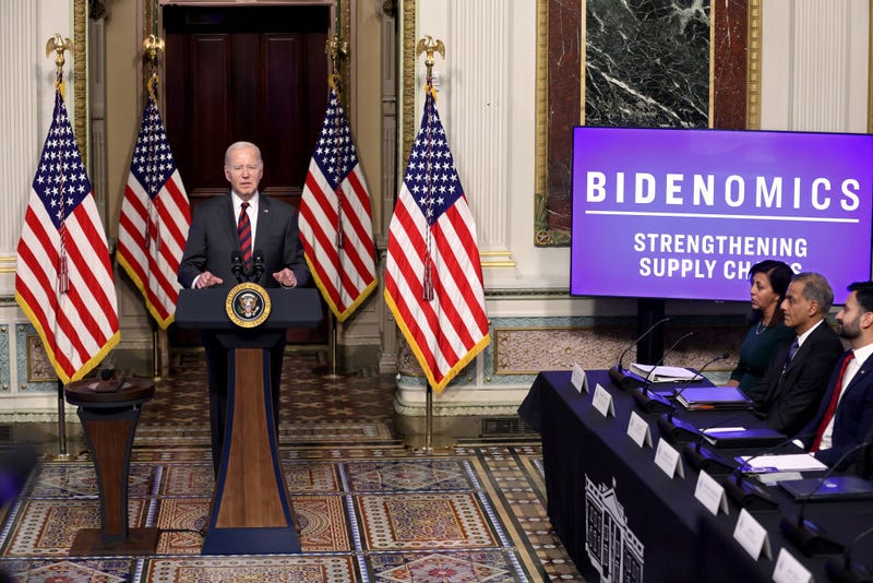U.S. President Joe Biden speaks about supply chain resilience during an event in the Indian Treaty Room at the Eisenhower Executive Office Building on November 27, 2023 in Washington, DC.