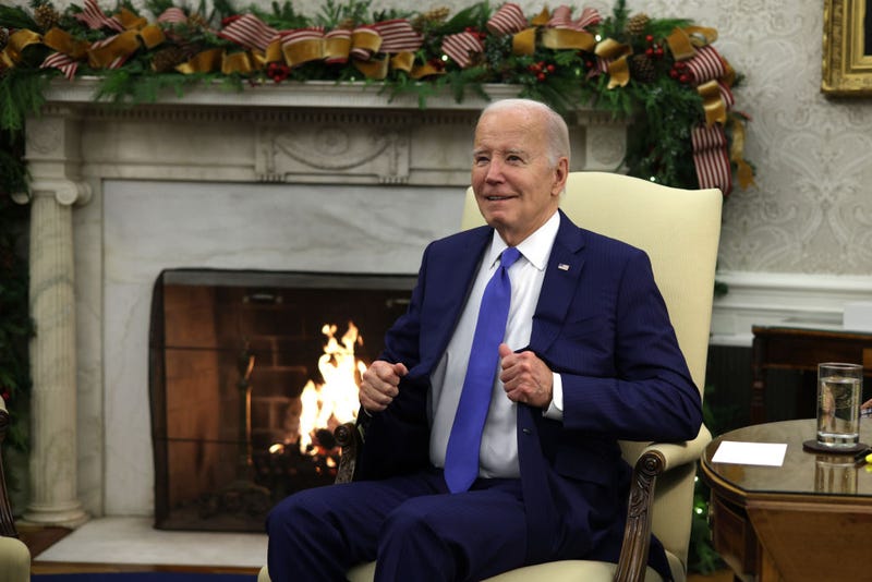U.S. President Joe Biden attends a meeting with President Joao Lourenco of Angola in the Oval Office of the White House on November 30, 2023 in Washington, DC.