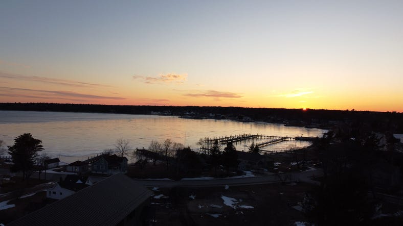An aerial view of a tranquil lake in Beaver Island, Michigan.