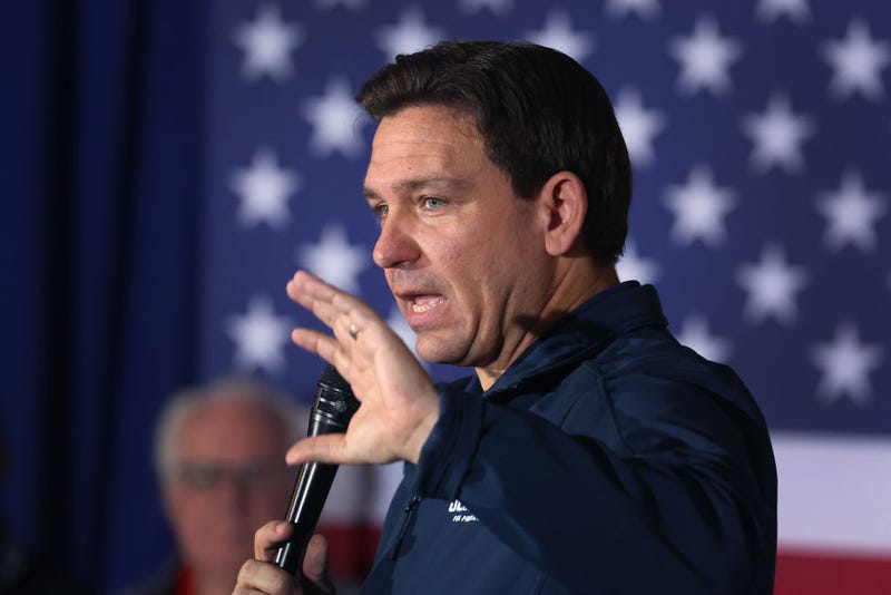 Republican presidential candidate Florida Governor Ron DeSantis speaks to guests during a campaign rally at the Thunderdome on December 02, 2023 in Newton, Iowa. 