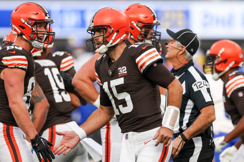 Joe Flacco #15 of the Cleveland Browns celebrates with teammates after scoring a touchdown in the first quarter against the Los Angeles Rams at SoFi Stadium on December 03, 2023 in Inglewood, California.