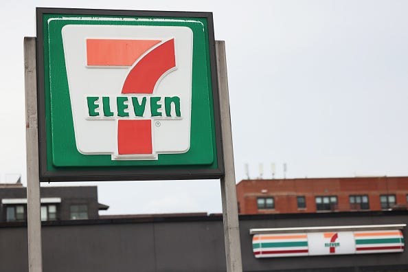 A 7-Eleven signage is seen at a store on Ocean Parkway on December 05, 2023 in the Prospect Park South neighborhood of the Brooklyn borough in New York City. 