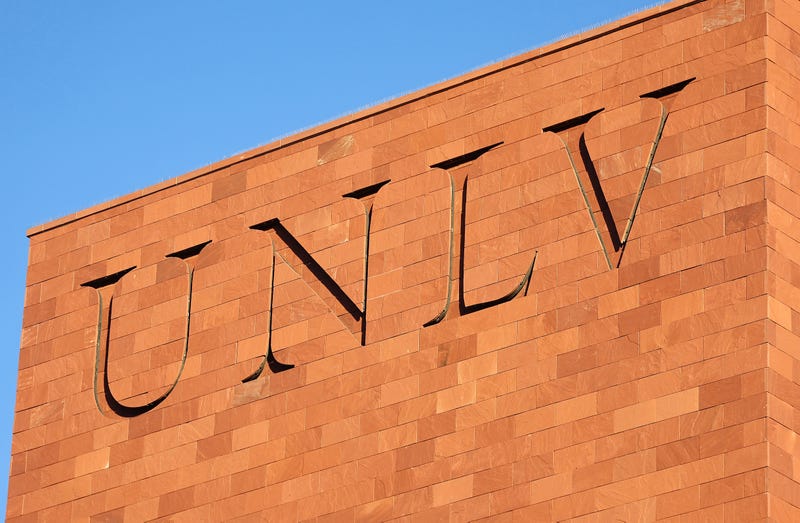 : The UNLV logo is viewed at the University of Nevada, Las Vegas campus
