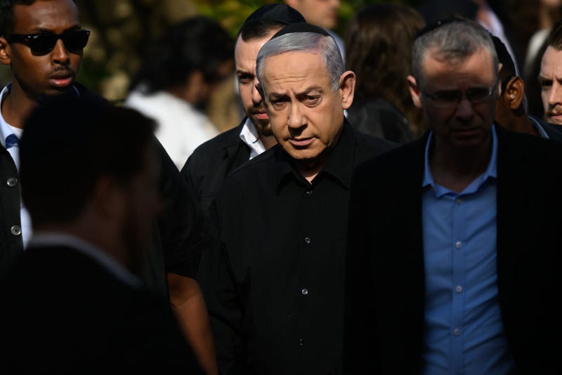 Prime Minister Benjamin Netanyhu attends the funeral for First Sergeant Major Gal Meir Eisenkot (aged 25) in the Herzliya cemetery on December 8, 2023 in Herzliya, Israel. 