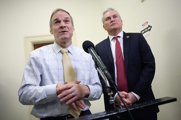 House Judiciary Committee Chairman Jim Jordan (R-OH) (L) and House Oversight and Accountability Committee Chairman James Comer (R-KY) speaks to the media in the Rayburn House Office Building on December 13, 2023 in Washington, DC. 