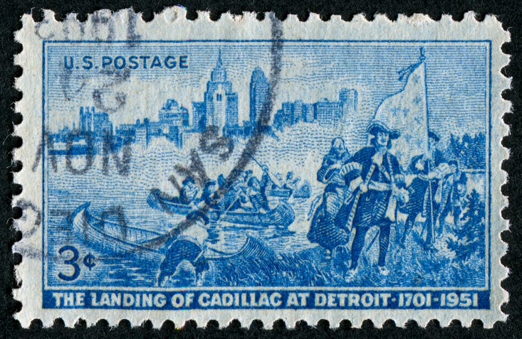 Cancelled Stamp From The United States Commemorating The Landing Of Cadillac At Detroit.