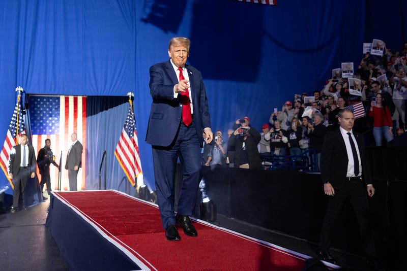 Republican presidential candidate Donald Trump arrives at a campaign event at the Whittemore Center Arena on Dec. 16, 2023 in Durham, New Hampshire