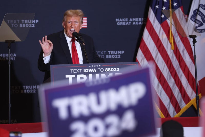 Republican presidential candidate, former President Donald Trump speaks during a campaign event at the Hyatt Hotel on December 13, 2023 in Coralville, Iowa.