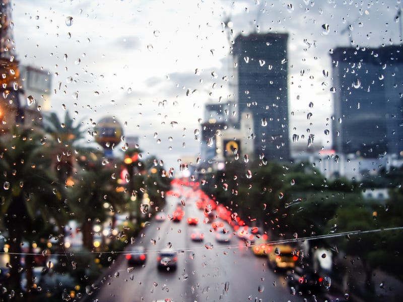 Rain obscures the view of the Las Vegas Strip