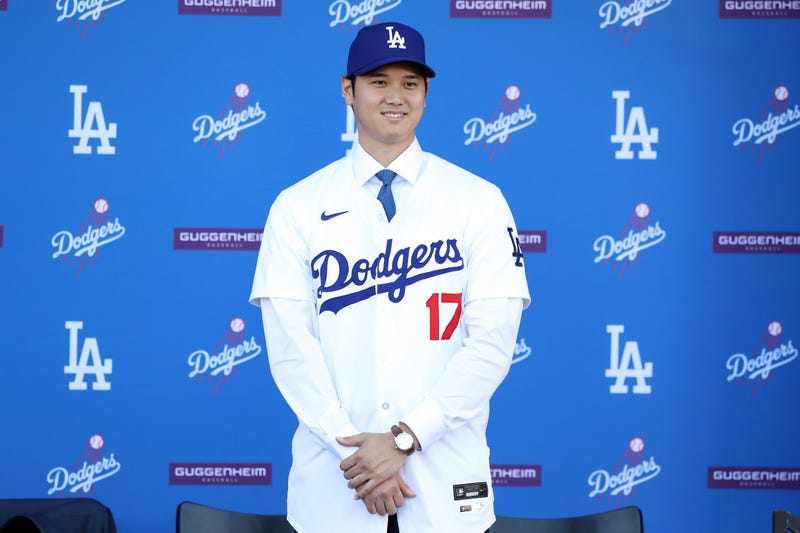 Shohei Ohtani is introduced by the Los Angeles Dodgers at Dodger Stadium on December 14, 2023 in Los Angeles, California. 
