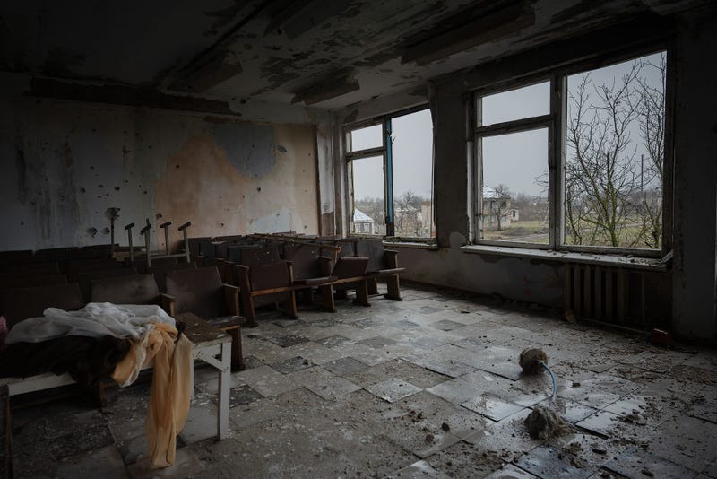 A theater ravaged by bombing is seen in a school building on December 14, 2023 in Vysokopillya, Ukraine. Both Russia and Ukraine's authorities deny targeting civilians in the nearly 22-month-long war that Russia launched against its neighbour in February 2022. Schools and education have been targeted by both sides, causing some parents to discontinue education to protect their children.