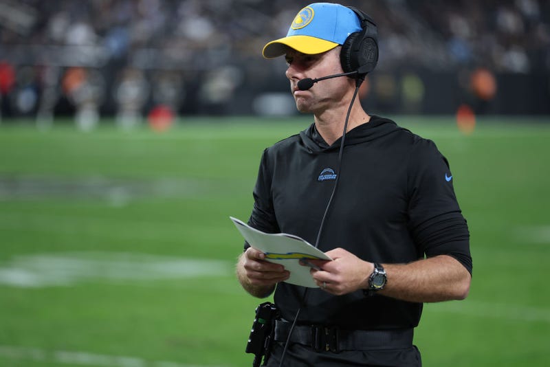 Head coach Brandon Staley of the Los Angeles Chargers looks on from the sideline against the Las Vegas Raiders during the fourth quarter at Allegiant Stadium on December 14, 2023 in Las Vegas, Nevada.
