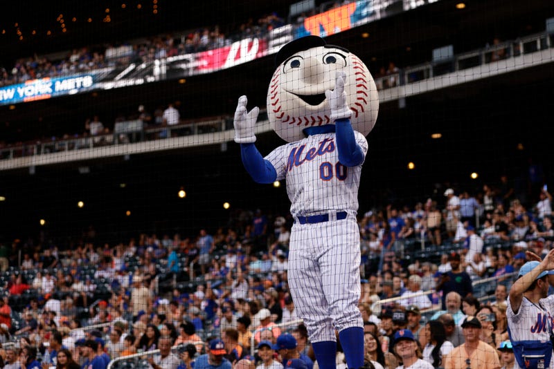 Mr. Met performs during game two of a doubleheader against the Atlanta Braves at Citi Field on August 12, 2023
