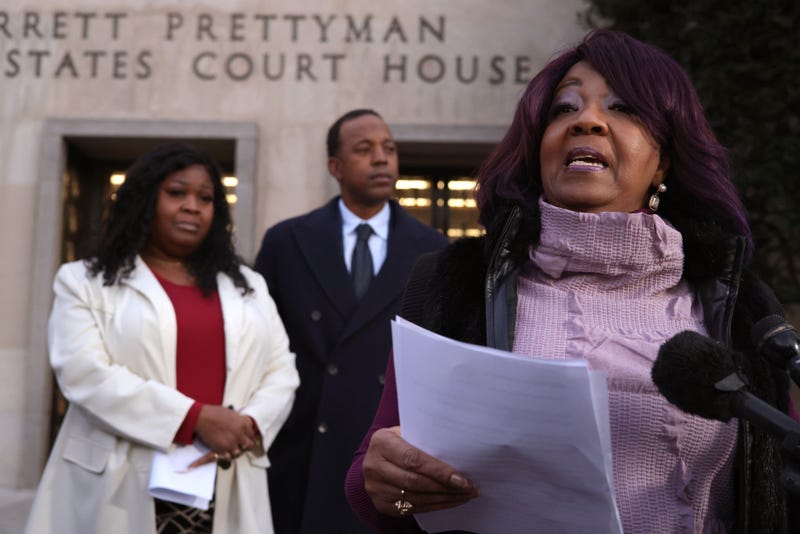 Georgia election workers Ruby Freeman and her daughter Shaye Moss speak outside of the E. Barrett Prettyman U.S. District Courthouse in Washington, DC, 12/15/23