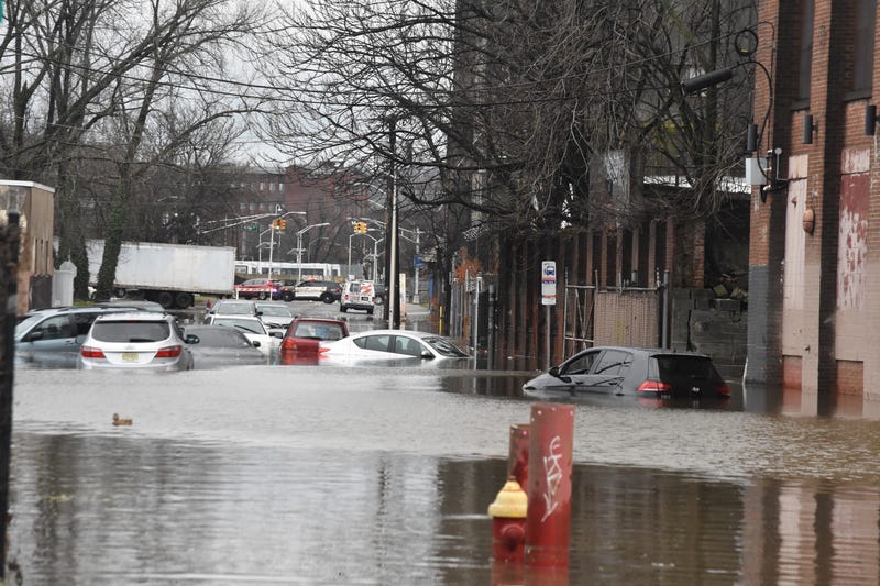 Cars are stranded in floodwaters in Paterson, New Jersey, on Dec. 18, 2023