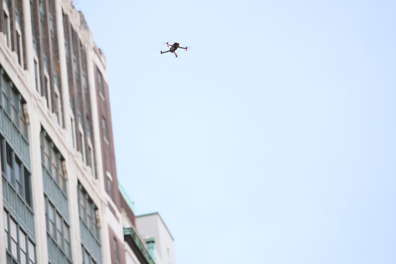 An NYPD drone hovers over a protest in New York City last December