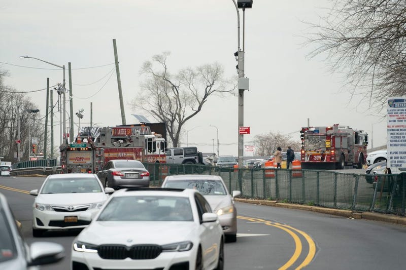 FDNY fire trucks head to Rikers Island on April 6 in Queens, New York.
