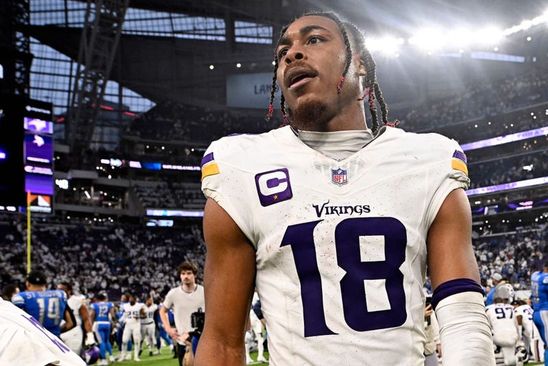 Justin Jefferson #18 of the Minnesota Vikings reacts after the team's 30-24 loss against the Detroit Lions at U.S. Bank Stadium on December 24, 2023 in Minneapolis, Minnesota. 