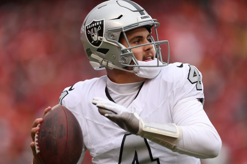 Aidan O'Connell #4 of the Las Vegas Raiders looks to pass during the first quarter against the Kansas City Chiefs