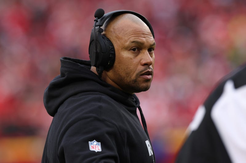 Head coach Antonio Pierce of the Las Vegas Raiders is seen on the sideline during the third quarter against the Kansas City Chiefs at GEHA Field at Arrowhead Stadium