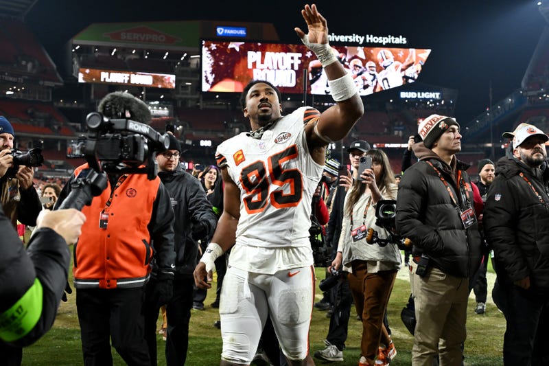 Myles Garrett #95 of the Cleveland Browns celebrates after their win against the New York Jets at Cleveland Browns Stadium on December 28, 2023 in Cleveland, Ohio.