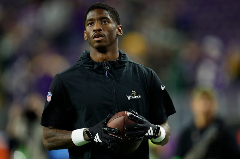 Jordan Addison #3 of the Minnesota Vikings warms up prior to a game against the Green Bay Packers at U.S. Bank Stadium on December 31, 2023 in Minneapolis, Minnesota.