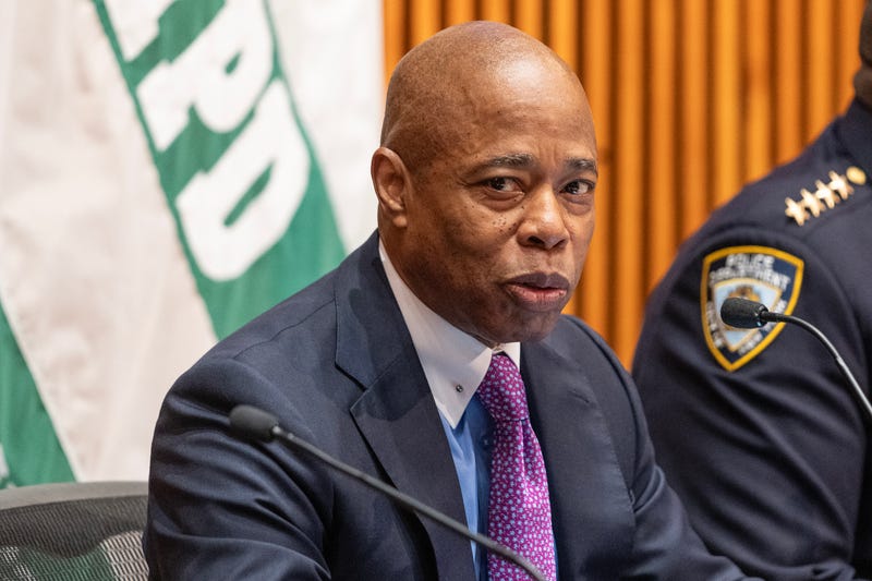 Mayor Eric Adams speaks at One Police Plaza in Lower Manhattan