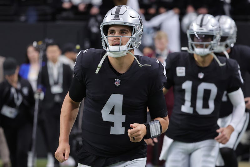 Aidan O'Connell #4 of the Las Vegas Raiders takes the field prior to the game against the Denver Broncos at Allegiant Stadium on January 07, 2024 in Las Vegas, Nevada.