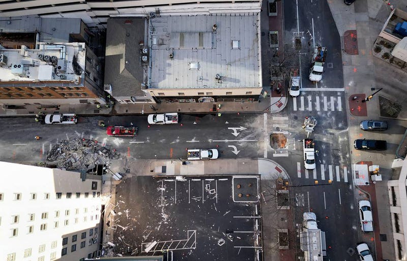 An aerial view of West 8th and Throckmorton streets bordering the Sandman Signature Hotel on Jan. 10, 2024, two days after the explosion in downtown Fort Worth