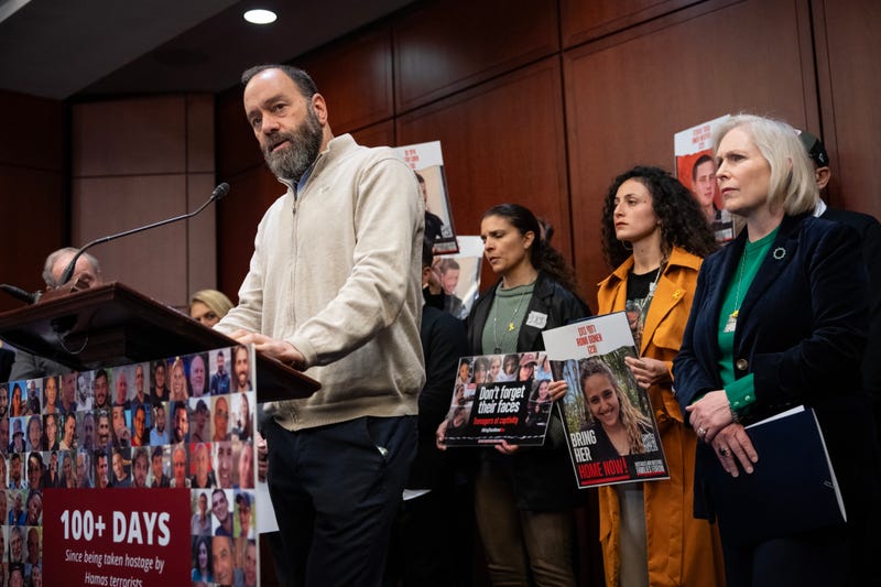 Jonathan Polin speaks during a news conference with family members of people held hostage by Hamas in the Gaza Strip and a bipartisan group of Senators from the Senate Foreign Relations Committee at the U.S. Capitol January 17, 2024 in Washington, DC.