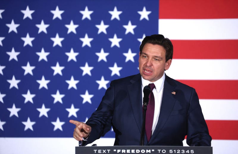 Republican presidential candidate Florida Gov. Ron DeSantis speaks at his caucus night event on January 15, 2024 in West Des Moines, Iowa.