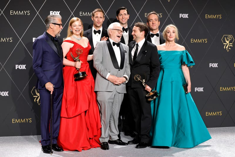 (L-R) Alan Ruck, Sarah Snook, Alexander Skarsgård, Brian Cox, Nicholas Braun, Kieran Culkin, Matthew Macfadyen, and J. Smith-Cameron, winners of Best Drama Series for "Succession," pose in the press room during the 75th Primetime Emmy Awards at Peacock Theater on January 15, 2024 in Los Angeles, California