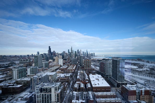 CHICAGO, ILLINOIS - JANUARY 17: Buildings on the skyline are seen on January 17, 2024 in Chicago, Illinois. View is from the south of the city looking north. 