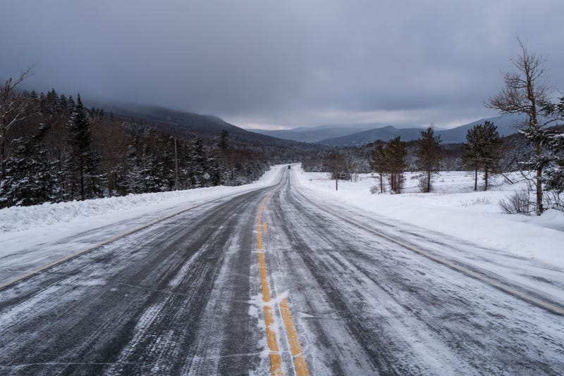 Roads remain icy following a day of snow on January 17, 2024 in Bartlett, New Hampshire. 