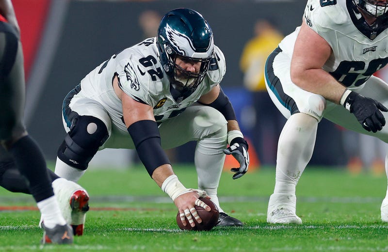 Then-Eagles center Jason Kelce plays during the NFC Wild Card game against the Tampa Bay Buccaneers at Raymond James Stadium on January 15, 2024 in Tampa, Florida.