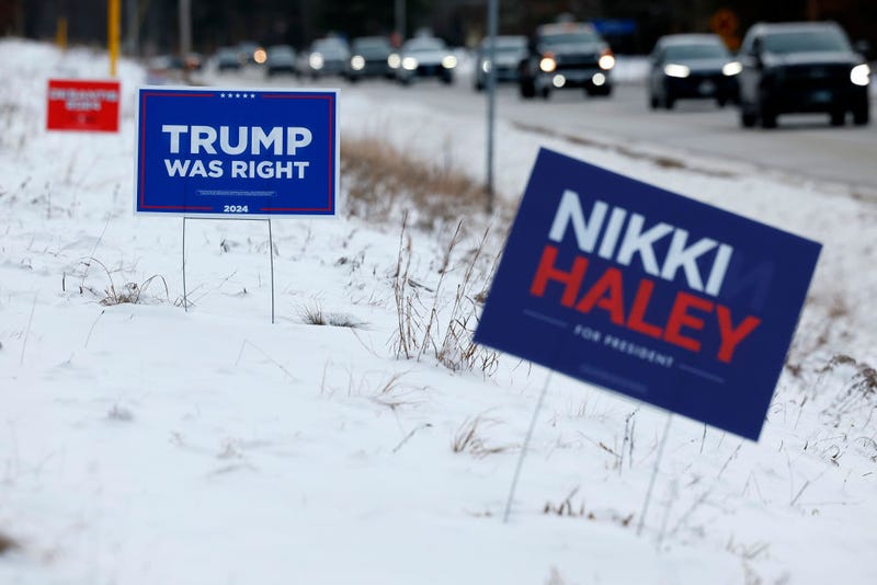 Campaign signs for Republican presidential candidates former President Donald Trump and former UN Ambassador Nikki Haley stand along Rocky Pond Road ahead of next Tuesday's primary election on January 19, 2024 in Loudon, New Hampshire.