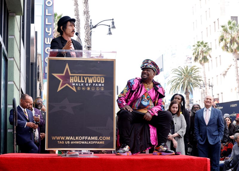 HOLLYWOOD, CALIFORNIA - JANUARY 19: Anthony Kiedis speaks at the star ceremony honoring George "Dr. Funkenstein" Clinton (right) with a Star on Hollywood Walk Of Fame on January 19, 2024 in Hollywood, California.