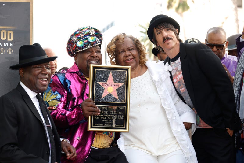 HOLLYWOOD, CALIFORNIA - JANUARY 19: Civil Rights Attorney Ben Crump, George Clinton, Janie Bradford, Anthony Kiedis attend the star ceremony for George "Dr. Funkenstein" Clinton who was Honored with Star on Hollywood Walk Of Fame on January 19, 2024 in Hollywood, California.