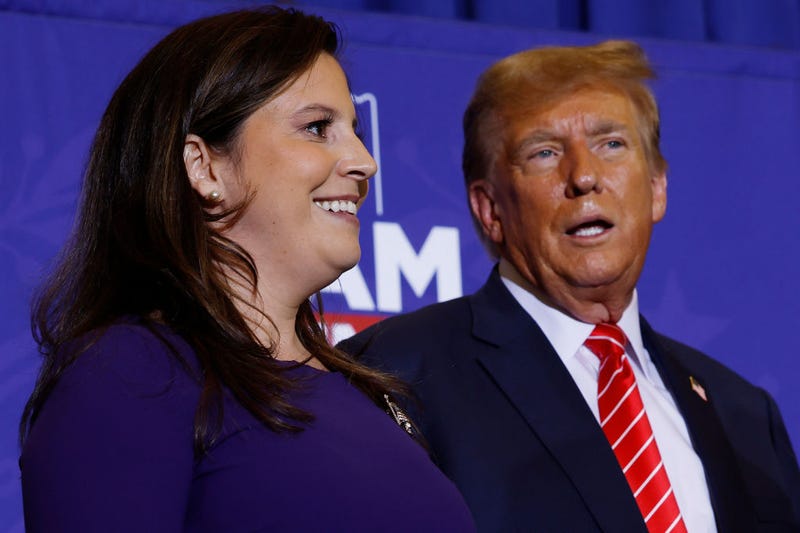 Rep. Elise Stefanik (R-NY) (L) joins Republican presidential candidate and former President Donald Trump during a campaign rally at the Grappone Convention Center on January 19, 2024 in Concord, New Hampshire.
