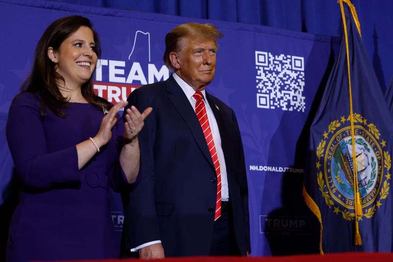 Rep. Elise Stefanik (R-NY) (L) joins Republican presidential candidate and former President Donald Trump during a campaign rally at the Grappone Convention Center on January 19, 2024 in Concord, New Hampshire.